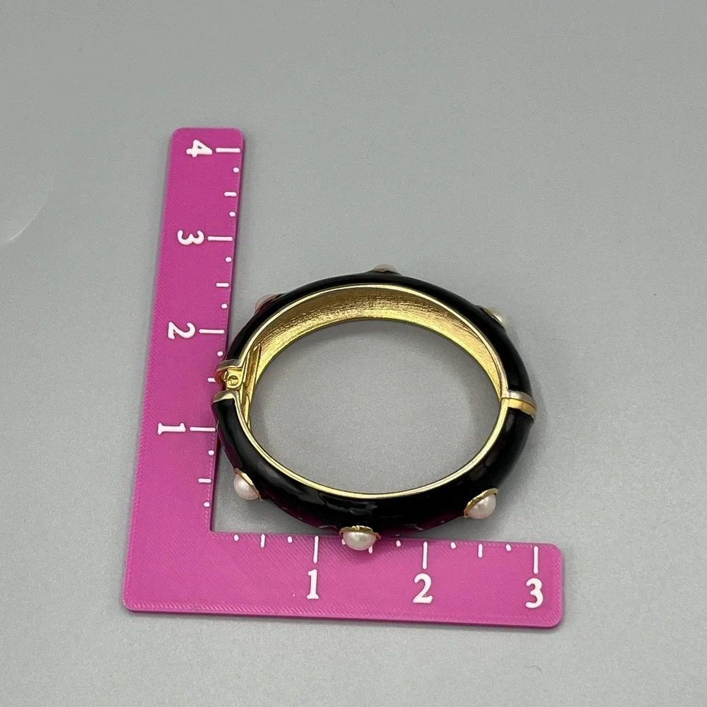 Gold Tone Bangle Bracelet & Hoop Earrings Lot Womens 4pc Black Enamel Faux Pearl